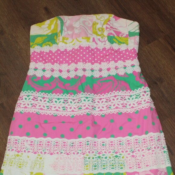 Womens Lilly Pulitzer Vintage Pink Green Patchwork Lace Strapless Dress Preppy 8 - Picture 3 of 4